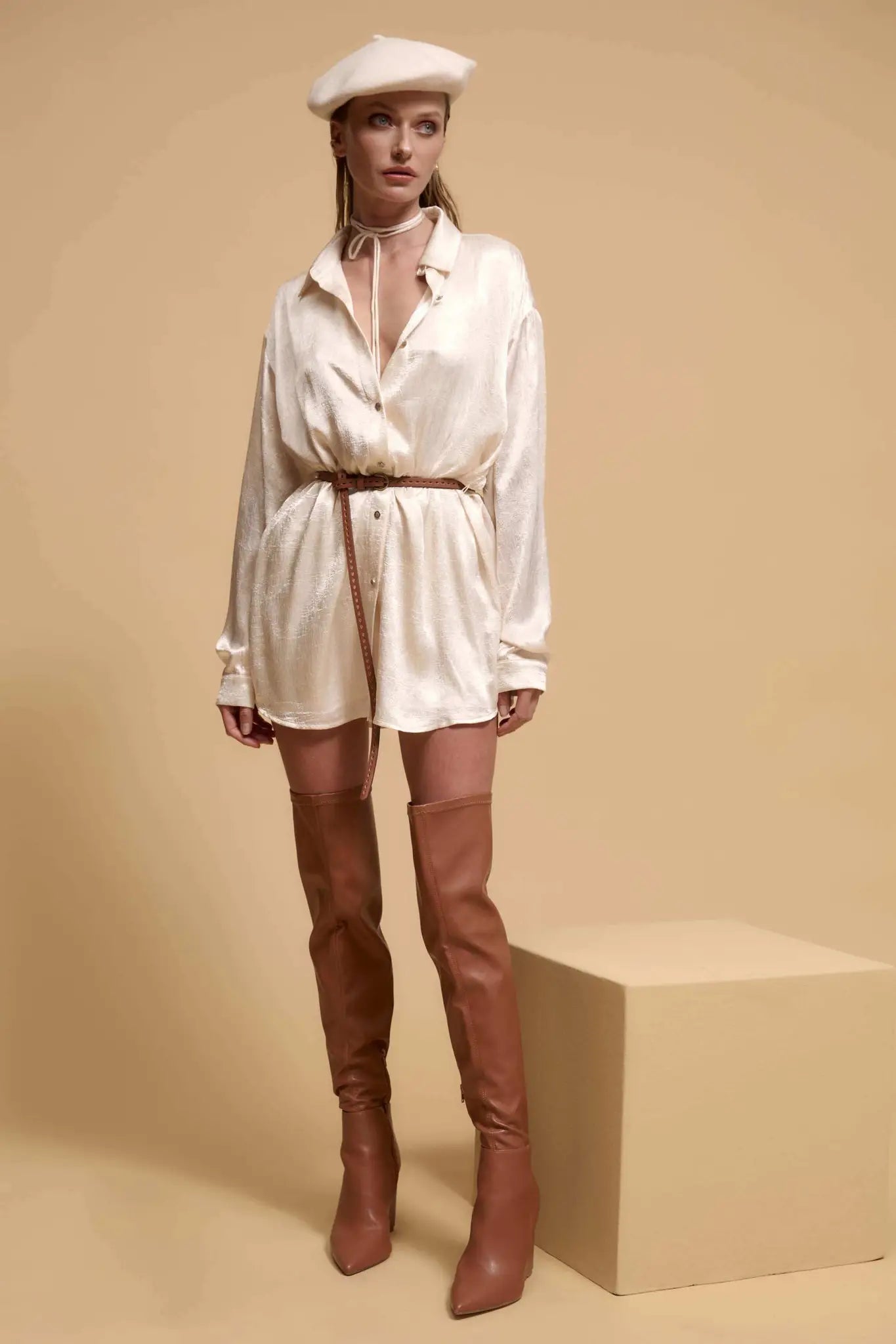 Luxe Aesthetic Textured Satin Belted Shirt Romper - ShopPromesa