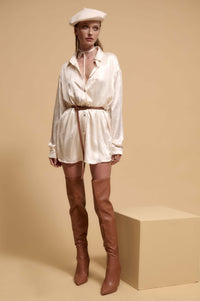 Luxe Aesthetic Textured Satin Belted Shirt Romper - ShopPromesa