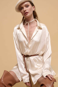 Luxe Aesthetic Textured Satin Belted Shirt Romper - ShopPromesa