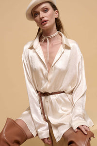 Luxe Aesthetic Textured Satin Belted Shirt Romper - ShopPromesa