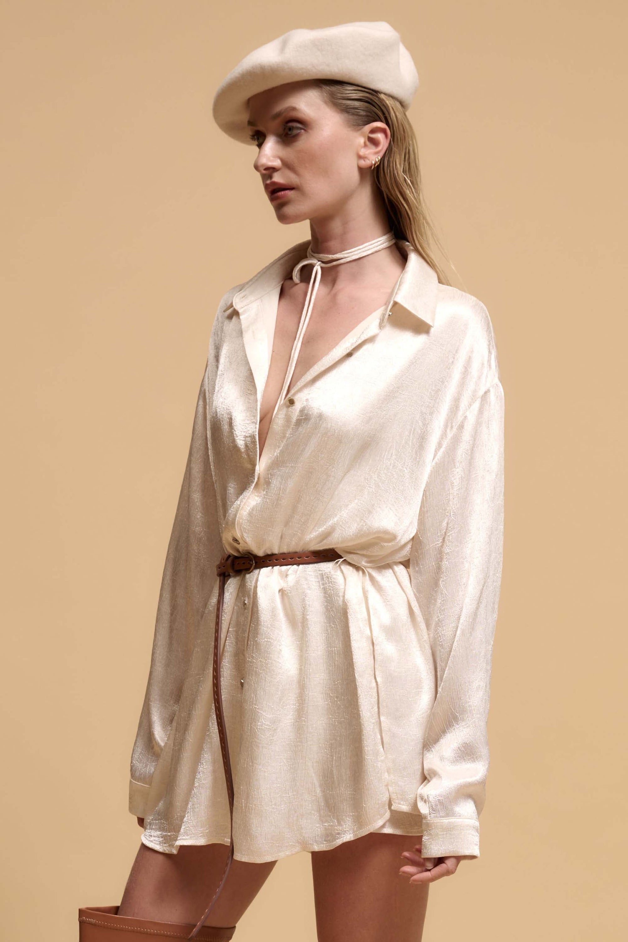 Luxe Aesthetic Textured Satin Belted Shirt Romper - ShopPromesa