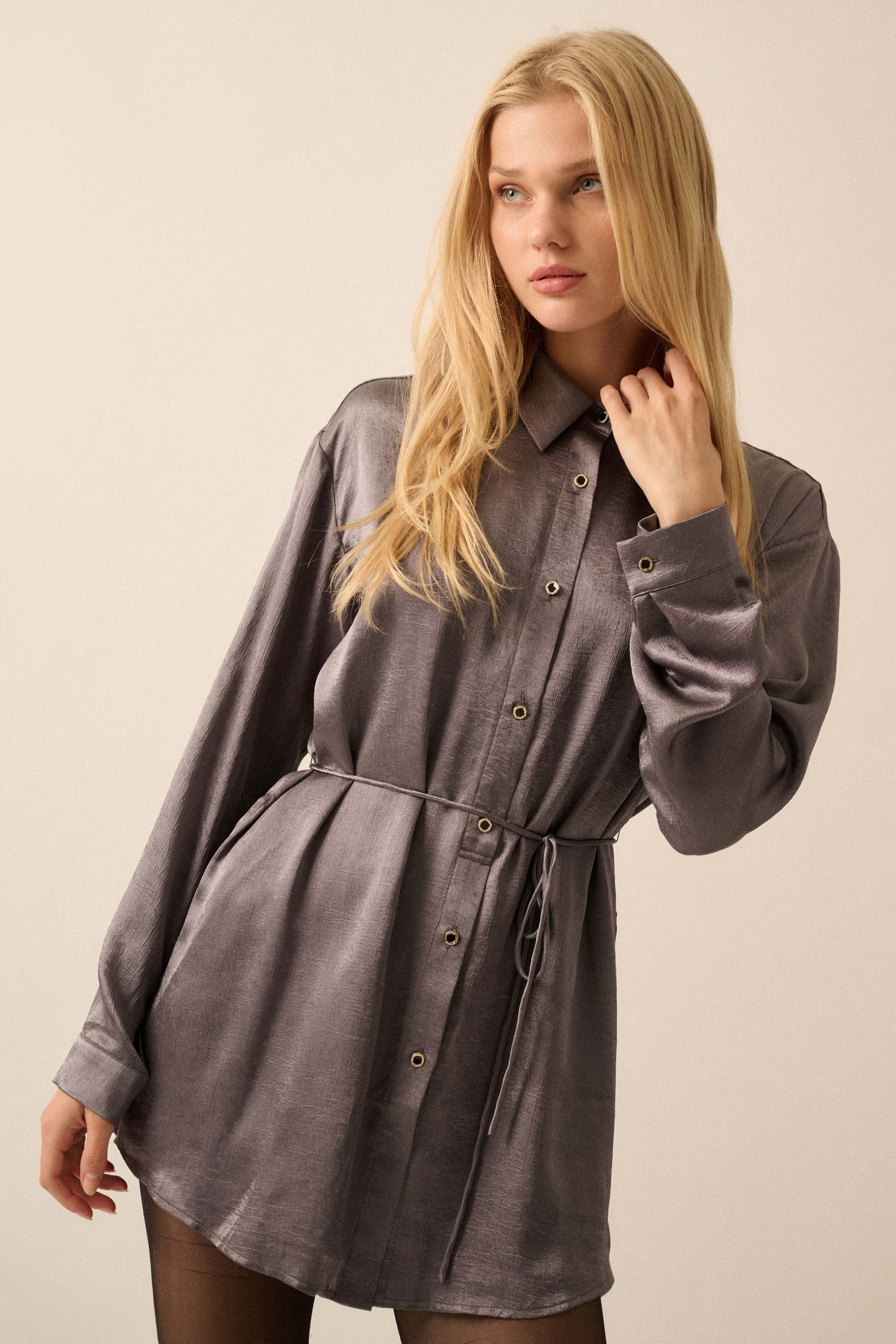 Luxe Aesthetic Textured Satin Belted Shirt Romper - ShopPromesa