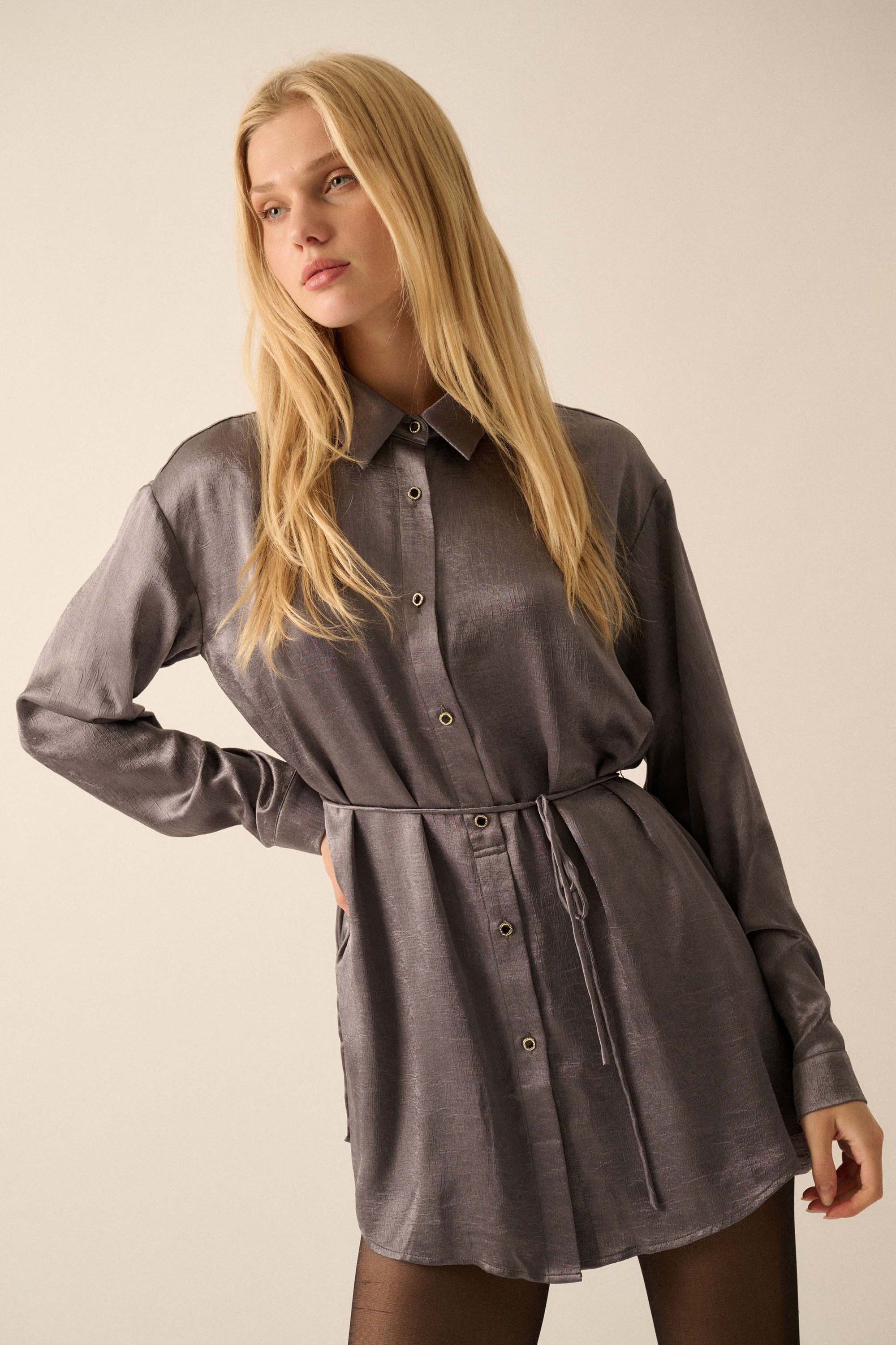 Luxe Aesthetic Textured Satin Belted Shirt Romper - ShopPromesa