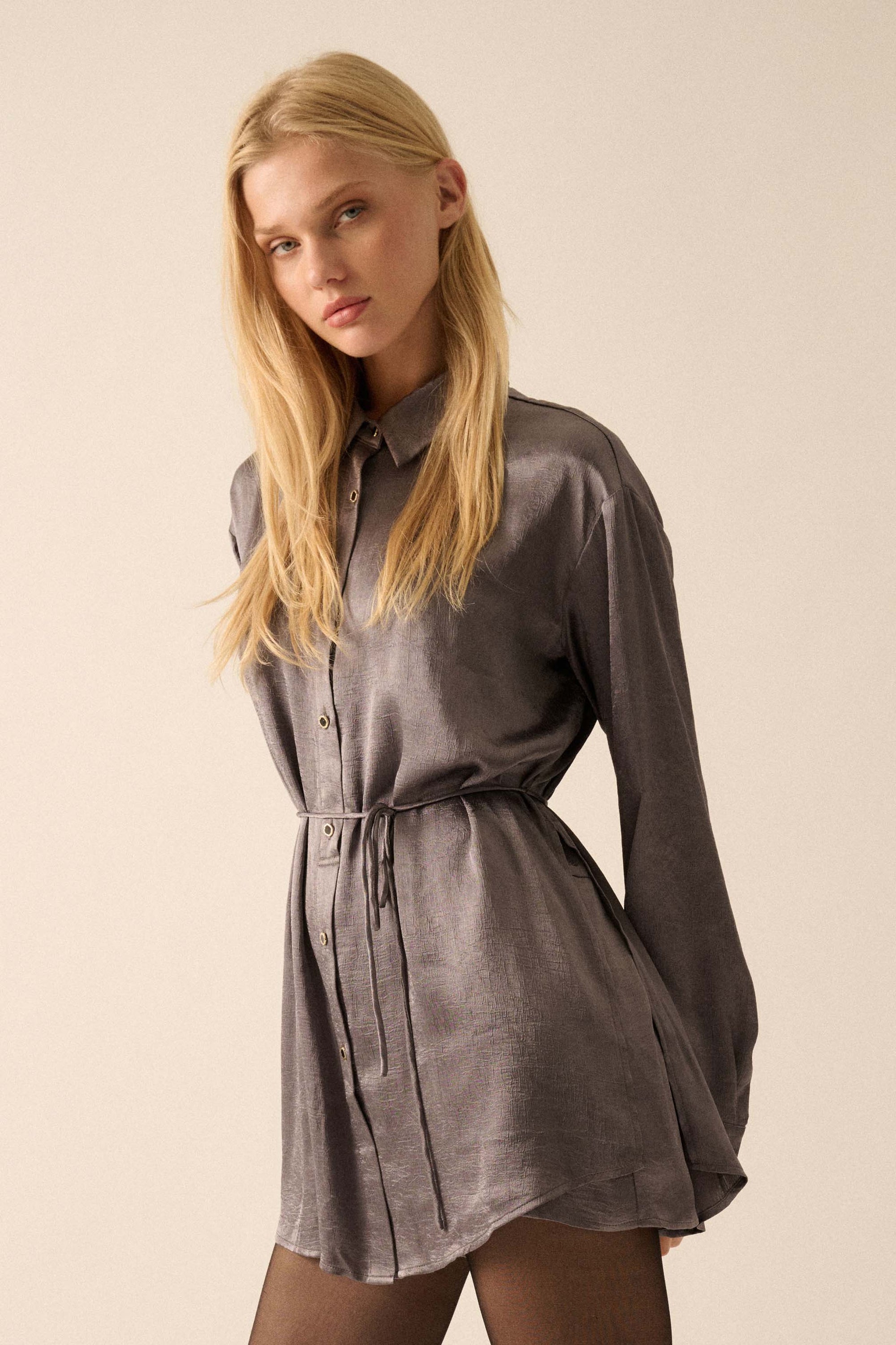 Luxe Aesthetic Textured Satin Belted Shirt Romper - ShopPromesa