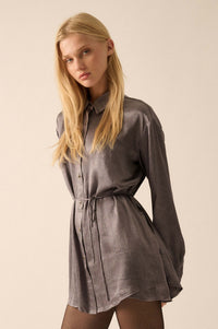 Luxe Aesthetic Textured Satin Belted Shirt Romper - ShopPromesa