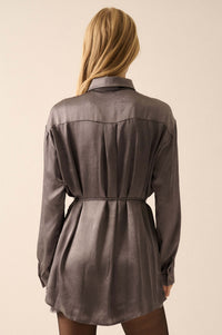 Luxe Aesthetic Textured Satin Belted Shirt Romper - ShopPromesa