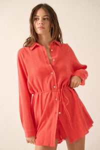 Life Story Crinkle Cotton Belted Shirt Romper - ShopPromesa