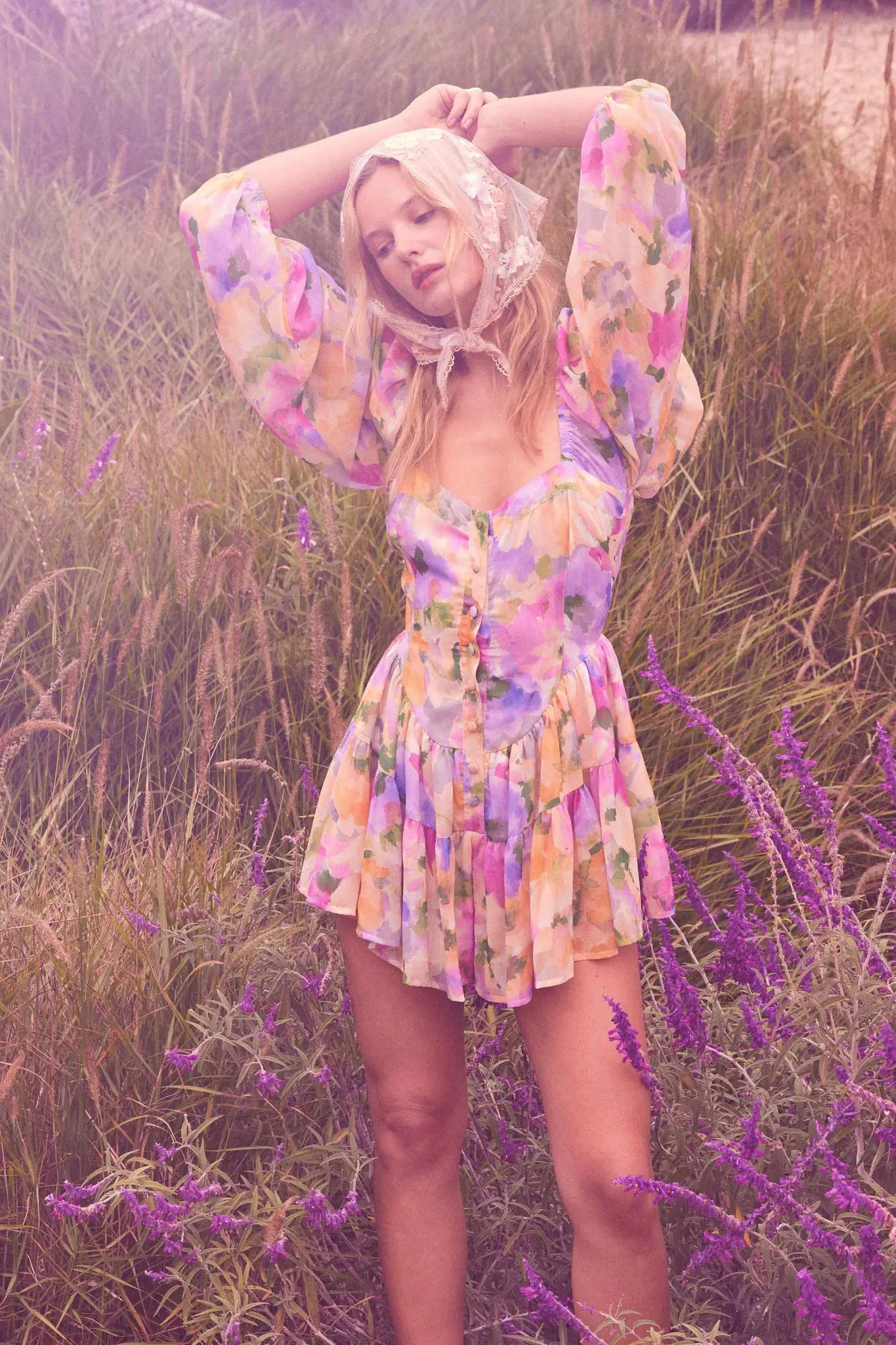 Bright Bouquet Floral Chiffon Romper Dress Periwinkle Blue / L Bright Bouquet Floral Chiffon Romper Dress Periwinkle Blue / L