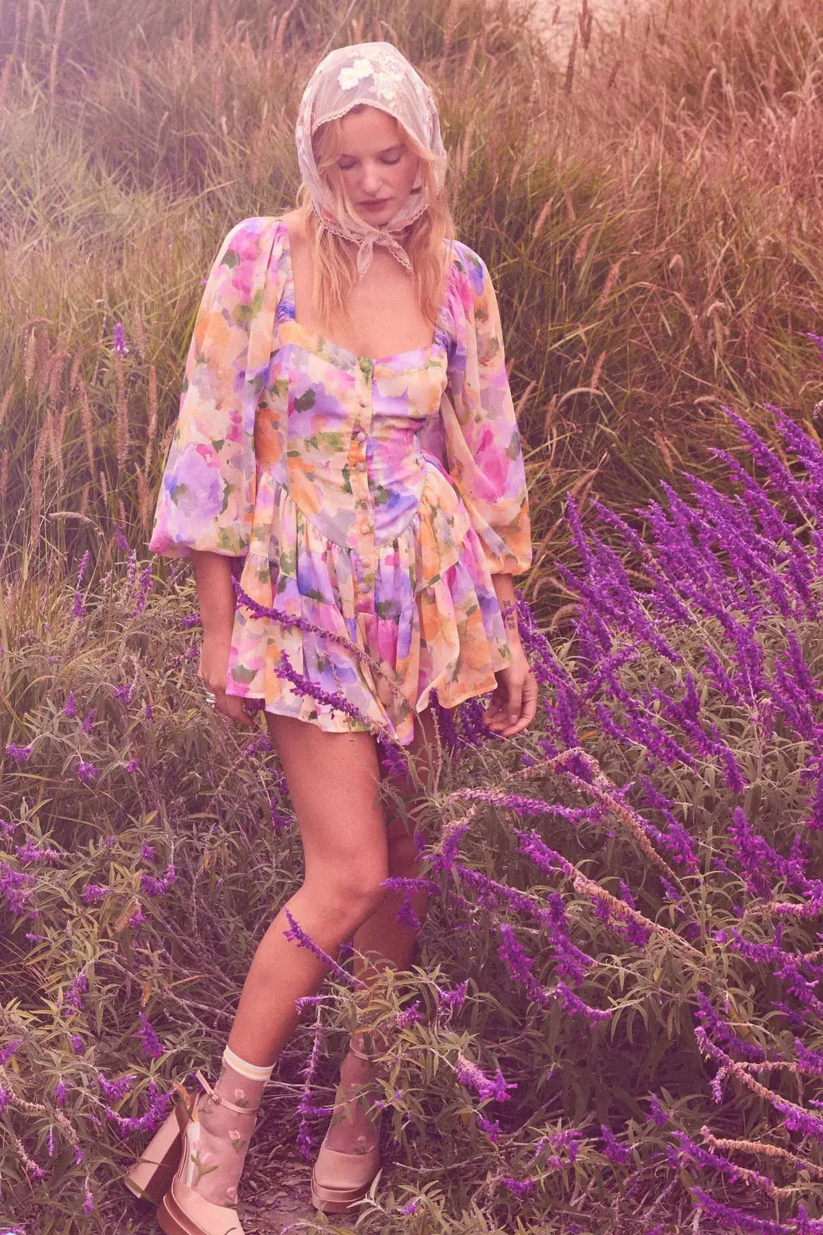 Flutter Sleeve Short Romper- Spring Bouquet main image 0
