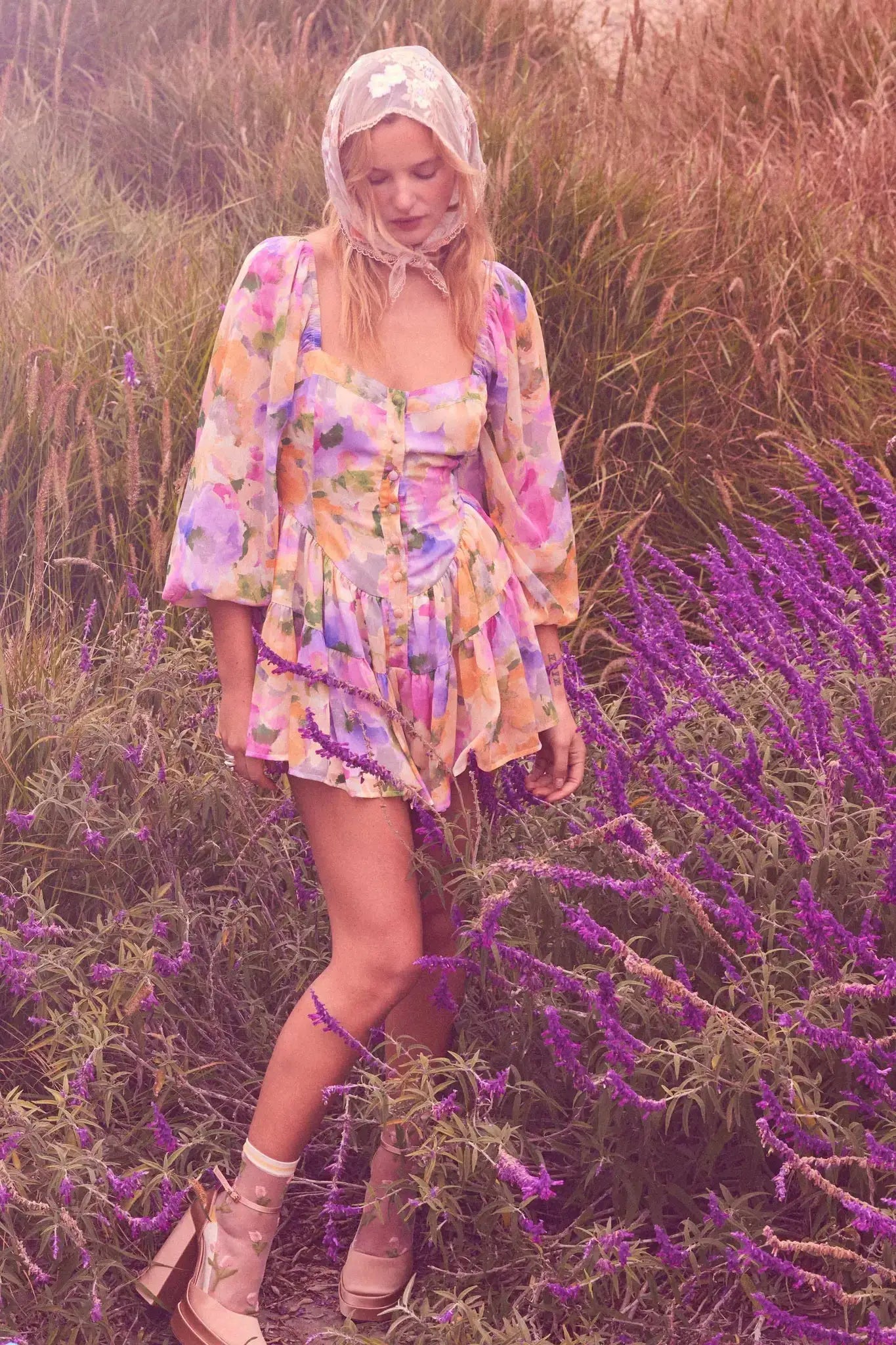 Bright Bouquet Floral Chiffon Romper Dress Soft Pink / S