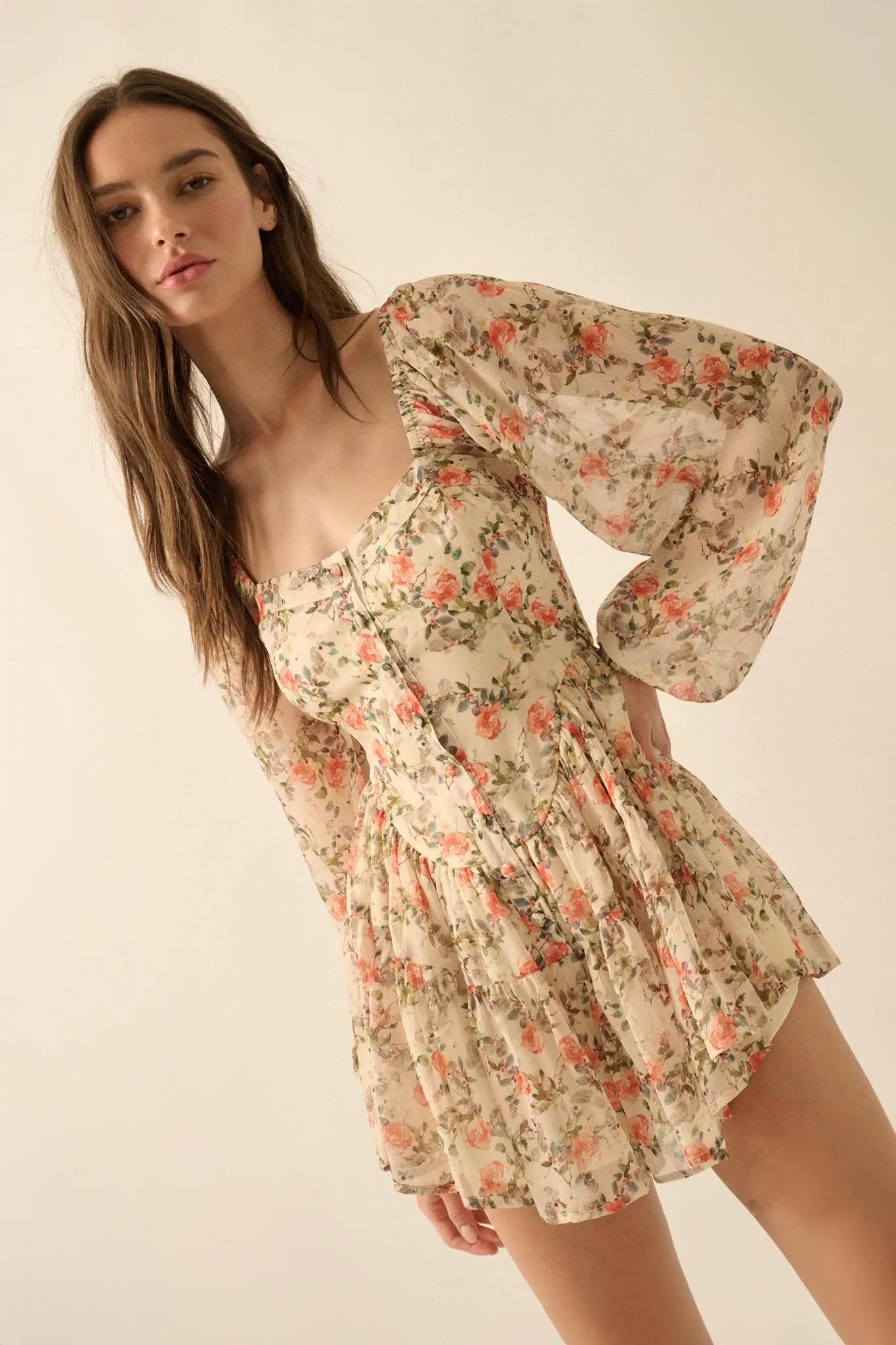 Graceful Garden Floral Chiffon Tiered Romper Dress Cream / M
