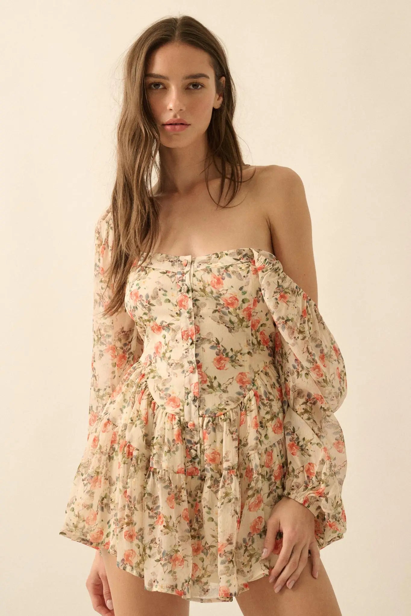floral chiffon tiered dress Pastel Floral Chiffon Strapless Ruffle Mini Dress