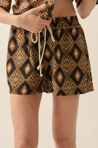 Bronze Bouquet Geometric Floral Drawstring Shorts - ShopPromesa