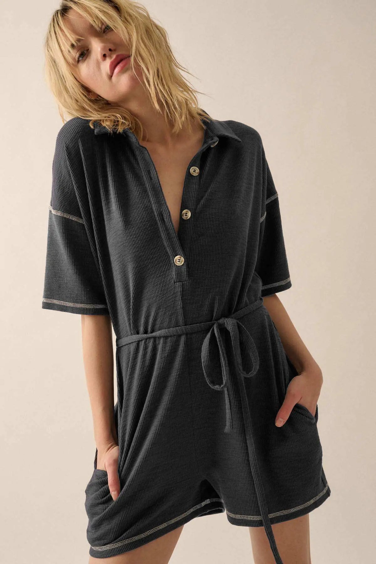 Sew It Goes Belted Rib-Knit Half-Button Romper