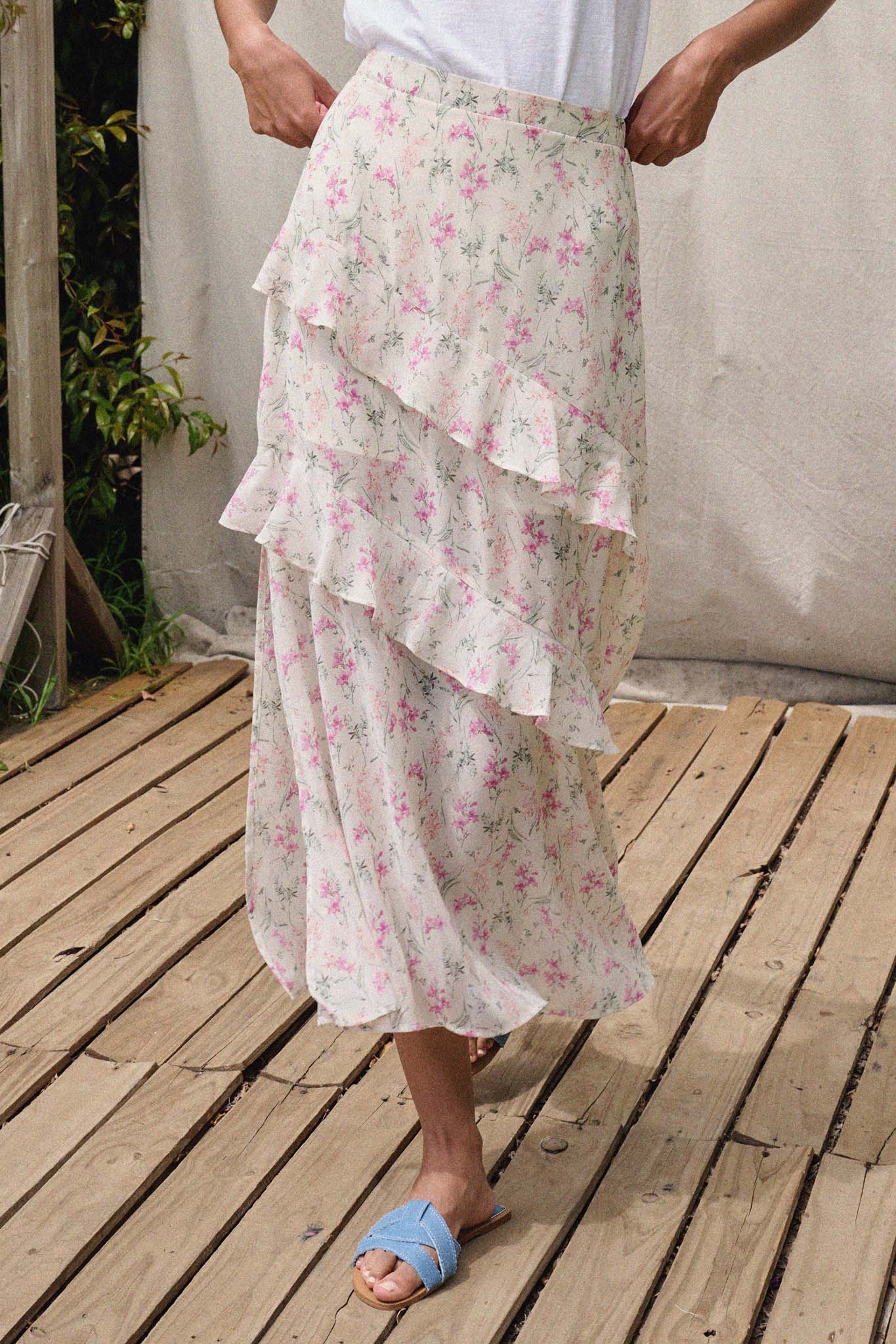 Lovely Lilies Floral Chiffon Ruffled Maxi Skirt - ShopPromesa