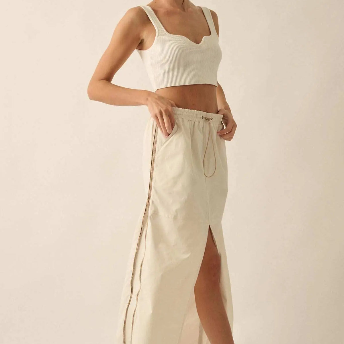 Zip Code Side-Zip Piping-Trim Drawstring Skirt