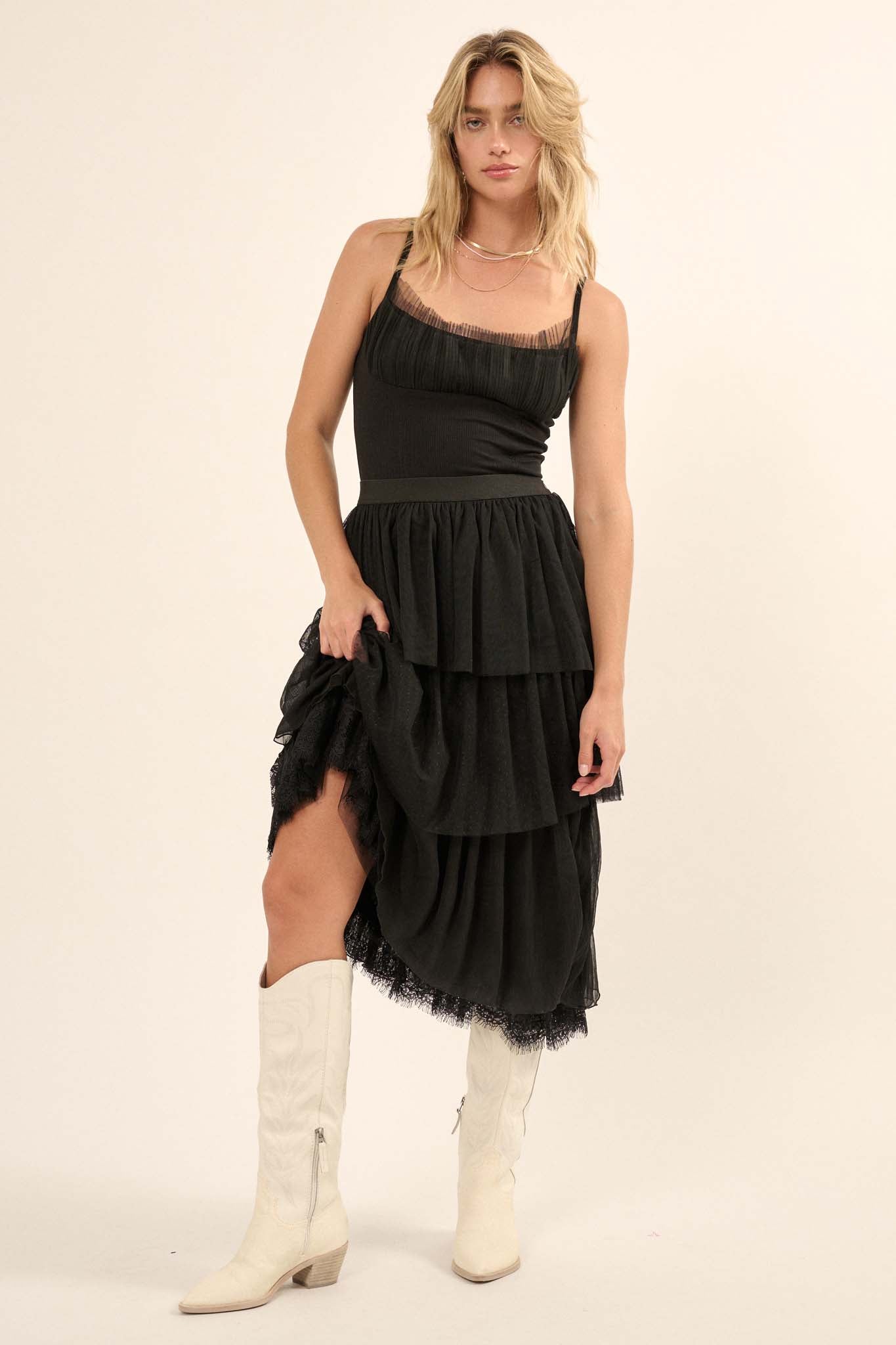 Frilly Flirt Asymmetrical Tiered Ruffle Maxi Skirt - ShopPromesa