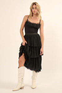 Frilly Flirt Asymmetrical Tiered Ruffle Maxi Skirt - ShopPromesa