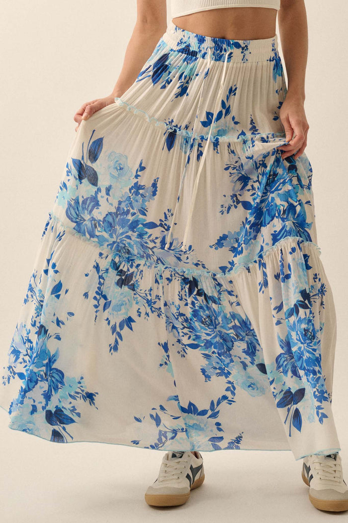 Cobalt Corsage Floral Tiered Ruffle Maxi Skirt - ShopPromesa