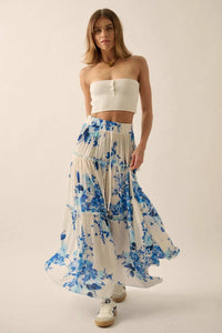 Cobalt Corsage Floral Tiered Ruffle Maxi Skirt - ShopPromesa