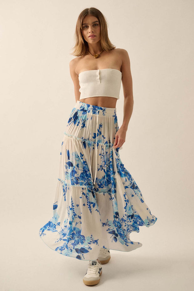 Cobalt Corsage Floral Tiered Ruffle Maxi Skirt - ShopPromesa