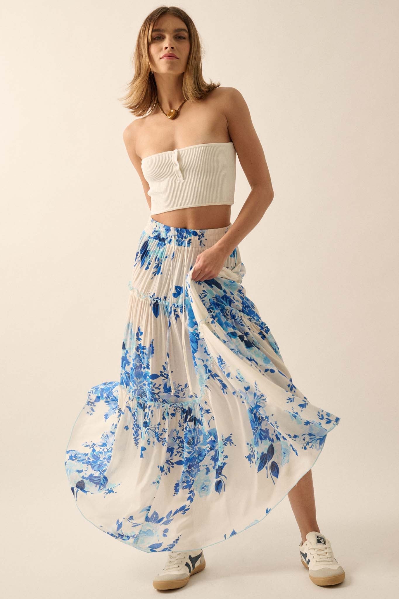 Cobalt Corsage Floral Tiered Ruffle Maxi Skirt - ShopPromesa