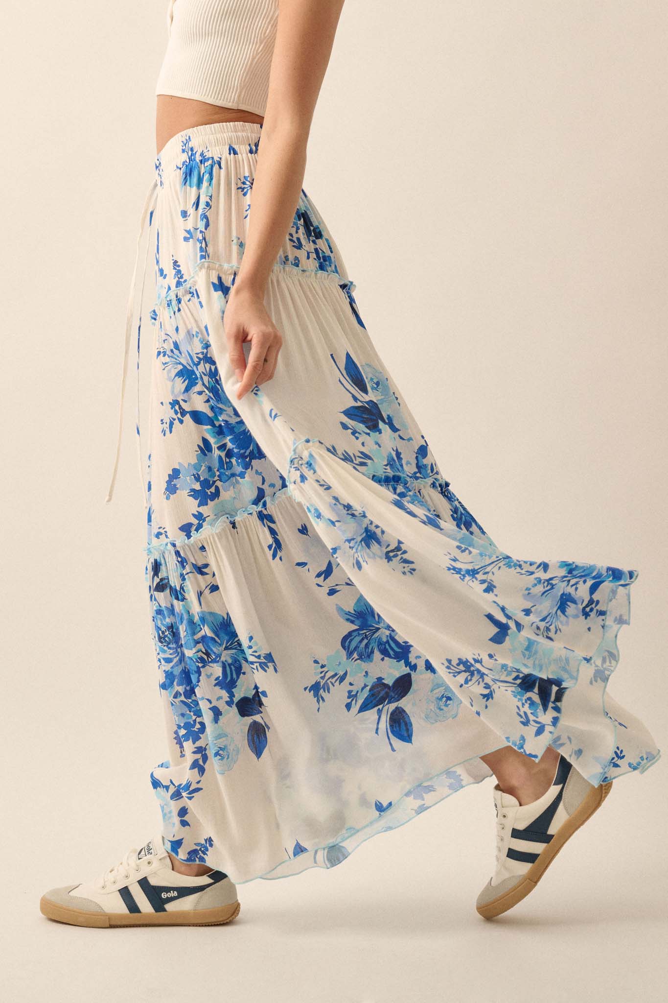 Cobalt Corsage Floral Tiered Ruffle Maxi Skirt - ShopPromesa