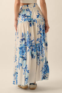 Cobalt Corsage Floral Tiered Ruffle Maxi Skirt - ShopPromesa