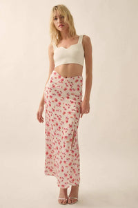 Sassy Blossoms Floral Satin Buttoned Maxi Skirt - ShopPromesa