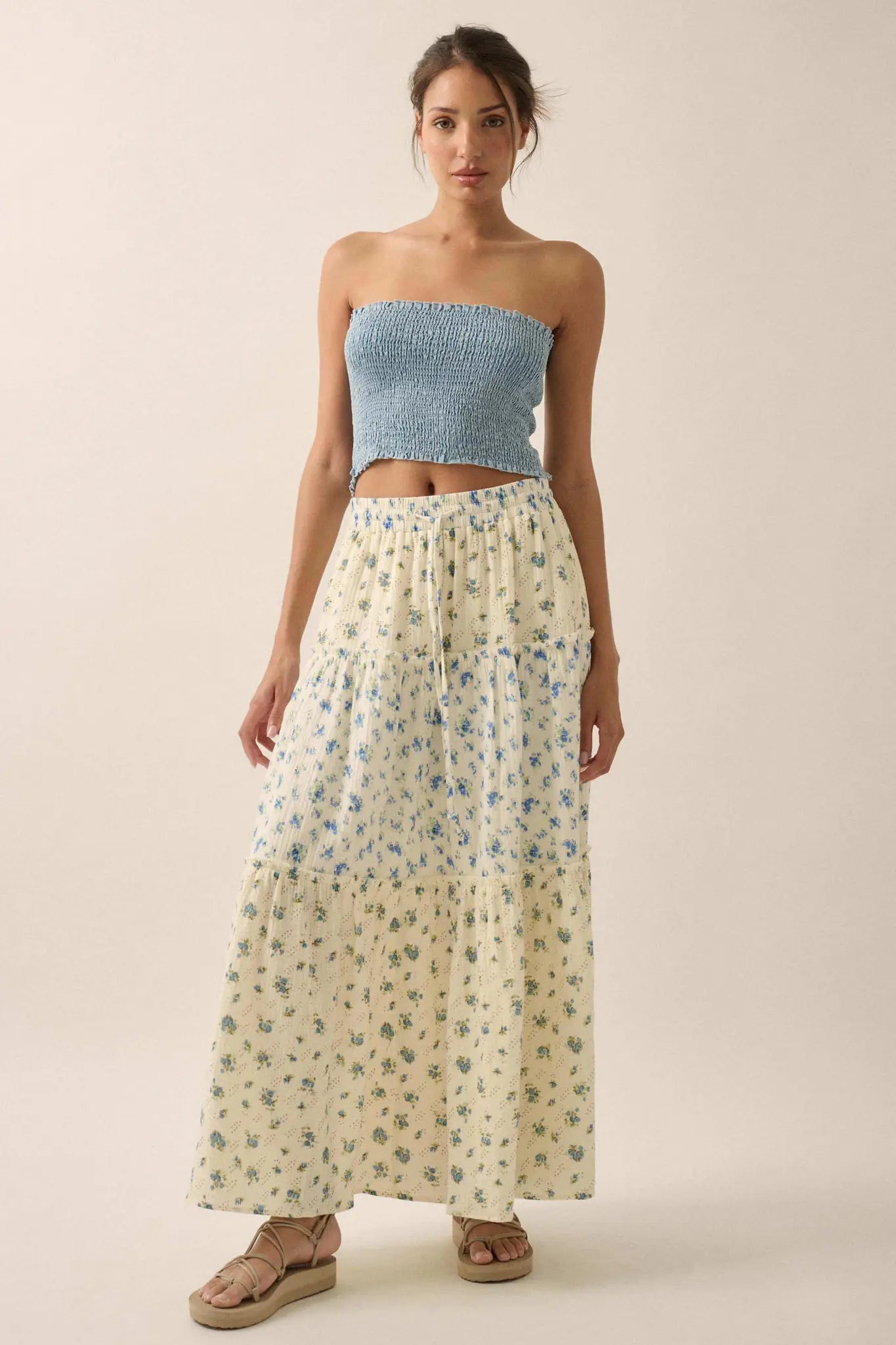 Sunny Meadow Floral Gauze Tiered Ruffle Maxi Skirt - ShopPromesa