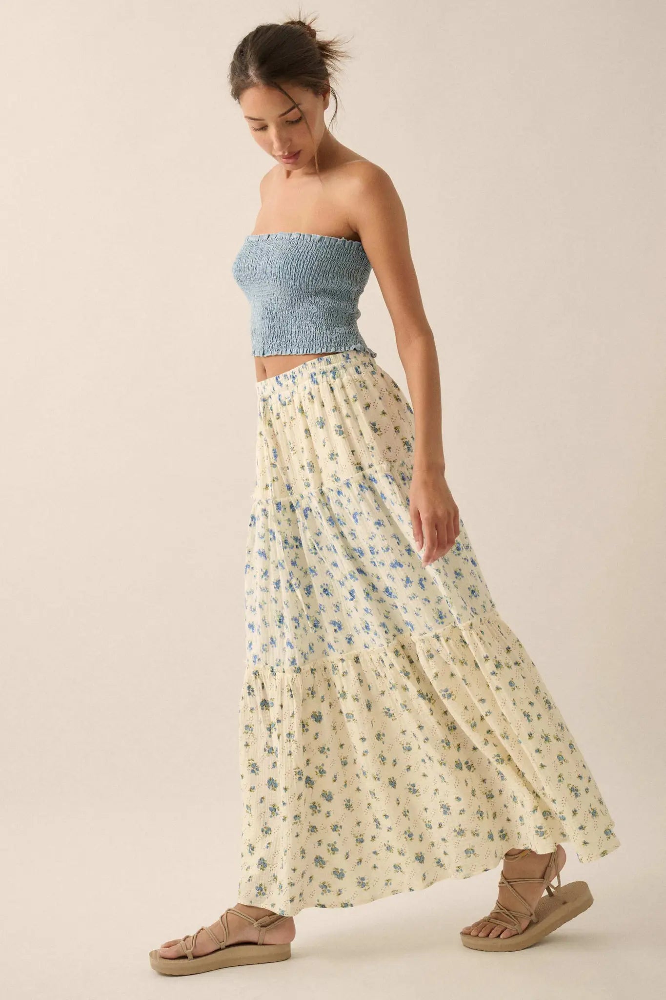 Sunny Meadow Floral Gauze Tiered Ruffle Maxi Skirt - ShopPromesa