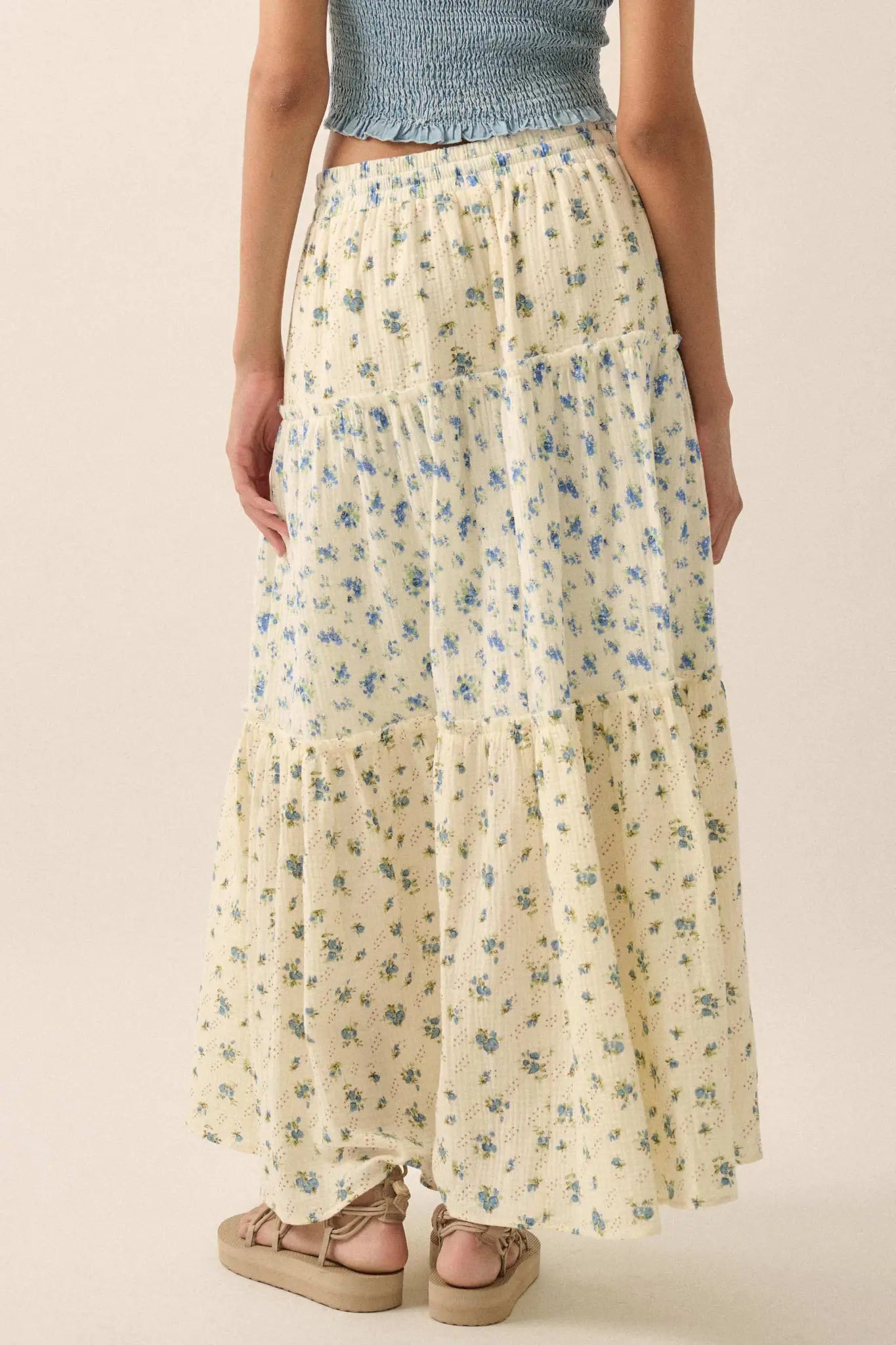 Sunny Meadow Floral Gauze Tiered Ruffle Maxi Skirt - ShopPromesa