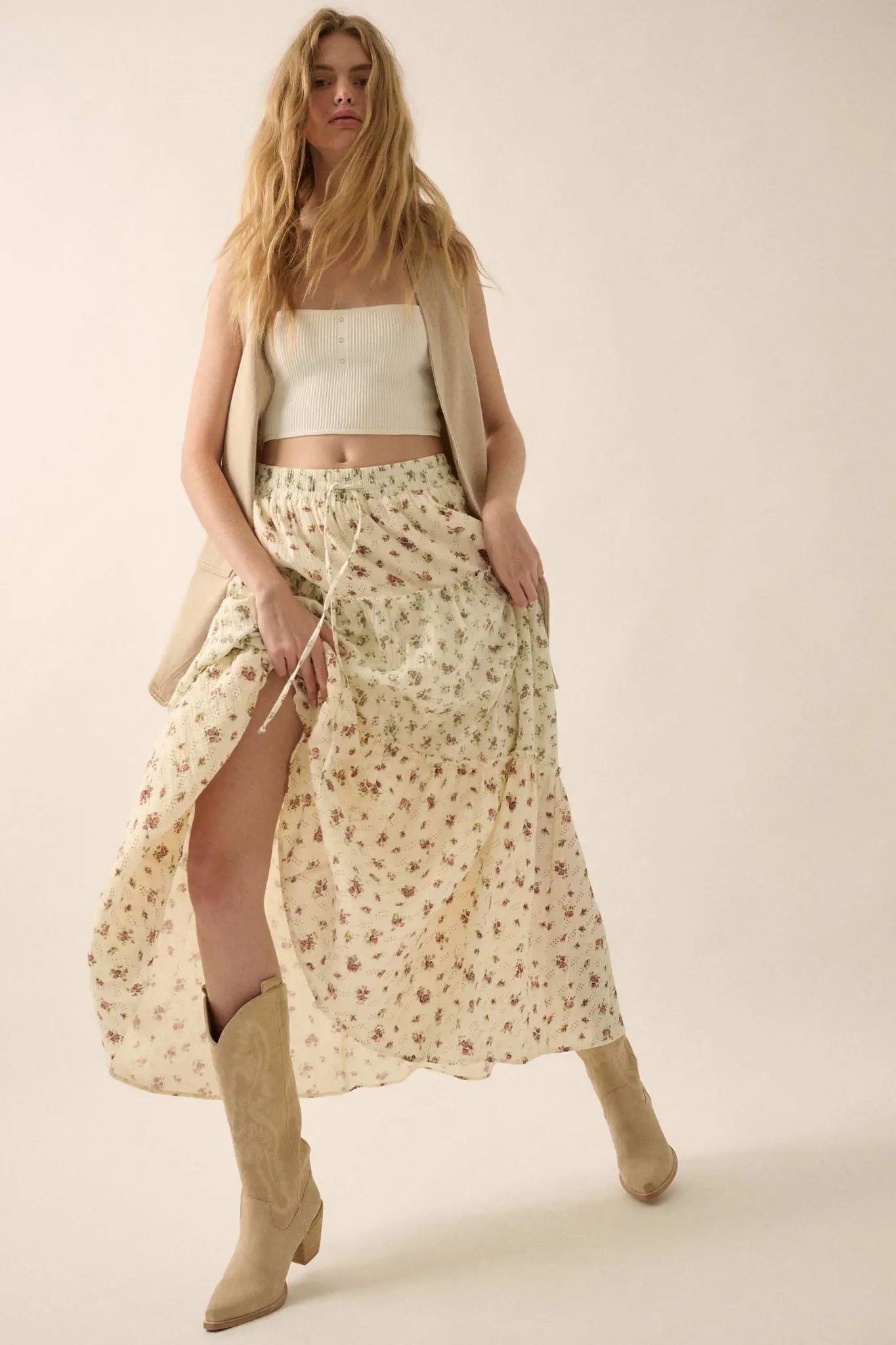 Sunny Meadow Floral Gauze Tiered Ruffle Maxi Skirt - ShopPromesa