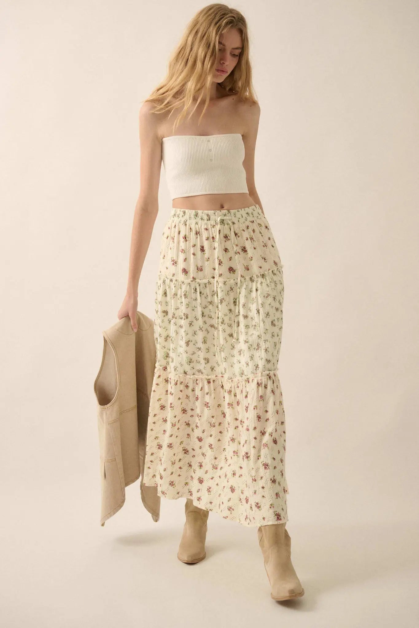Sunny Meadow Floral Gauze Tiered Ruffle Maxi Skirt - ShopPromesa