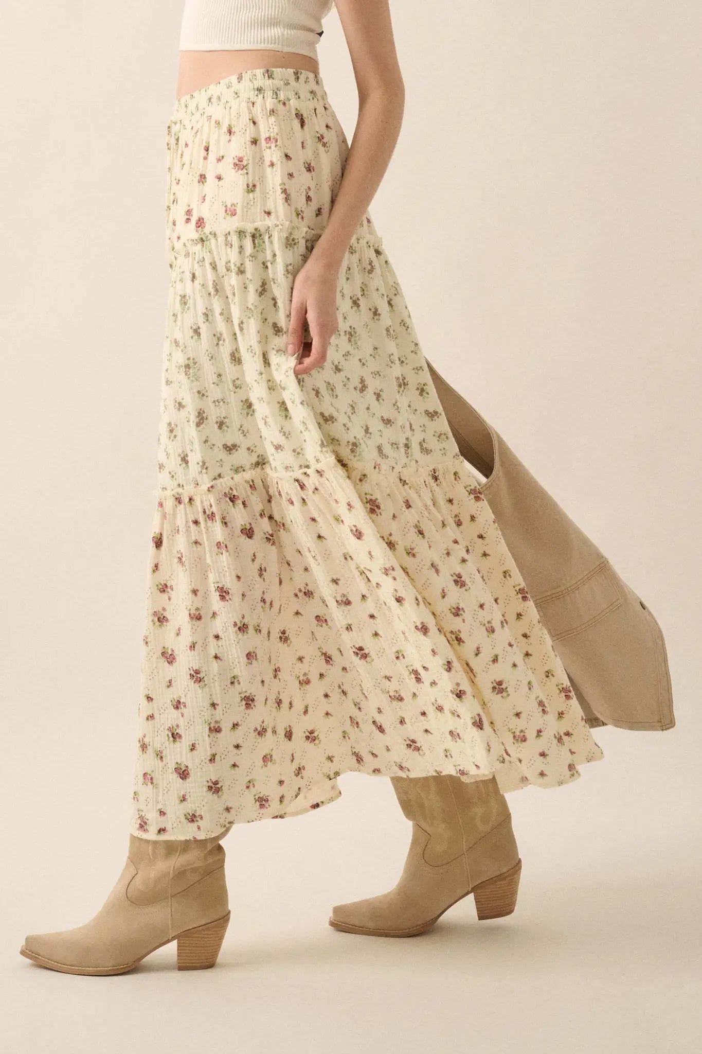 Sunny Meadow Floral Gauze Tiered Ruffle Maxi Skirt - ShopPromesa