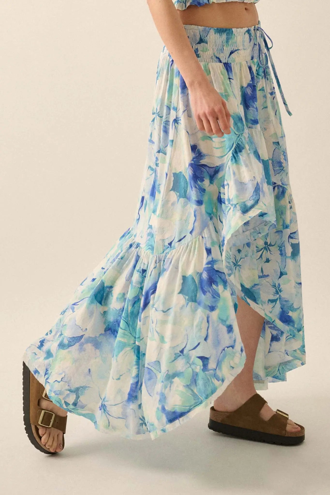Azure Petals Floral High-Low Ruffle Maxi Skirt - ShopPromesa