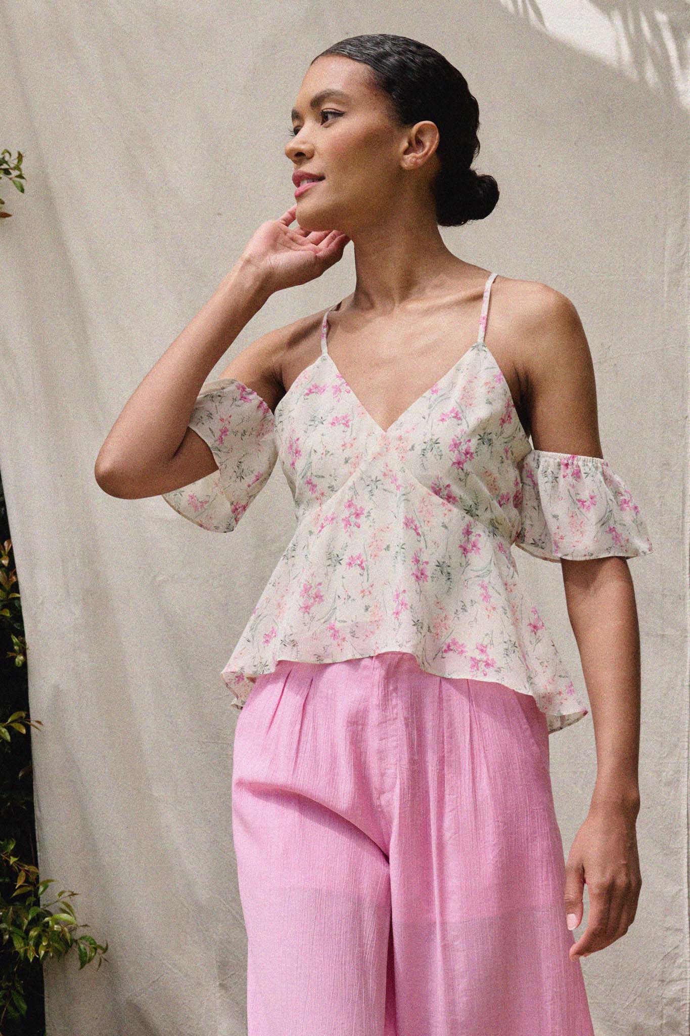 Lily Lover Floral Chiffon Cold Shoulder Cami Top - ShopPromesa