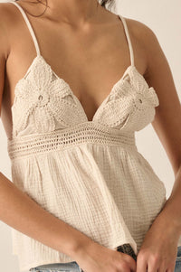 Lacy Days Crochet-Trim Crinkle Cotton Babydoll Top - ShopPromesa