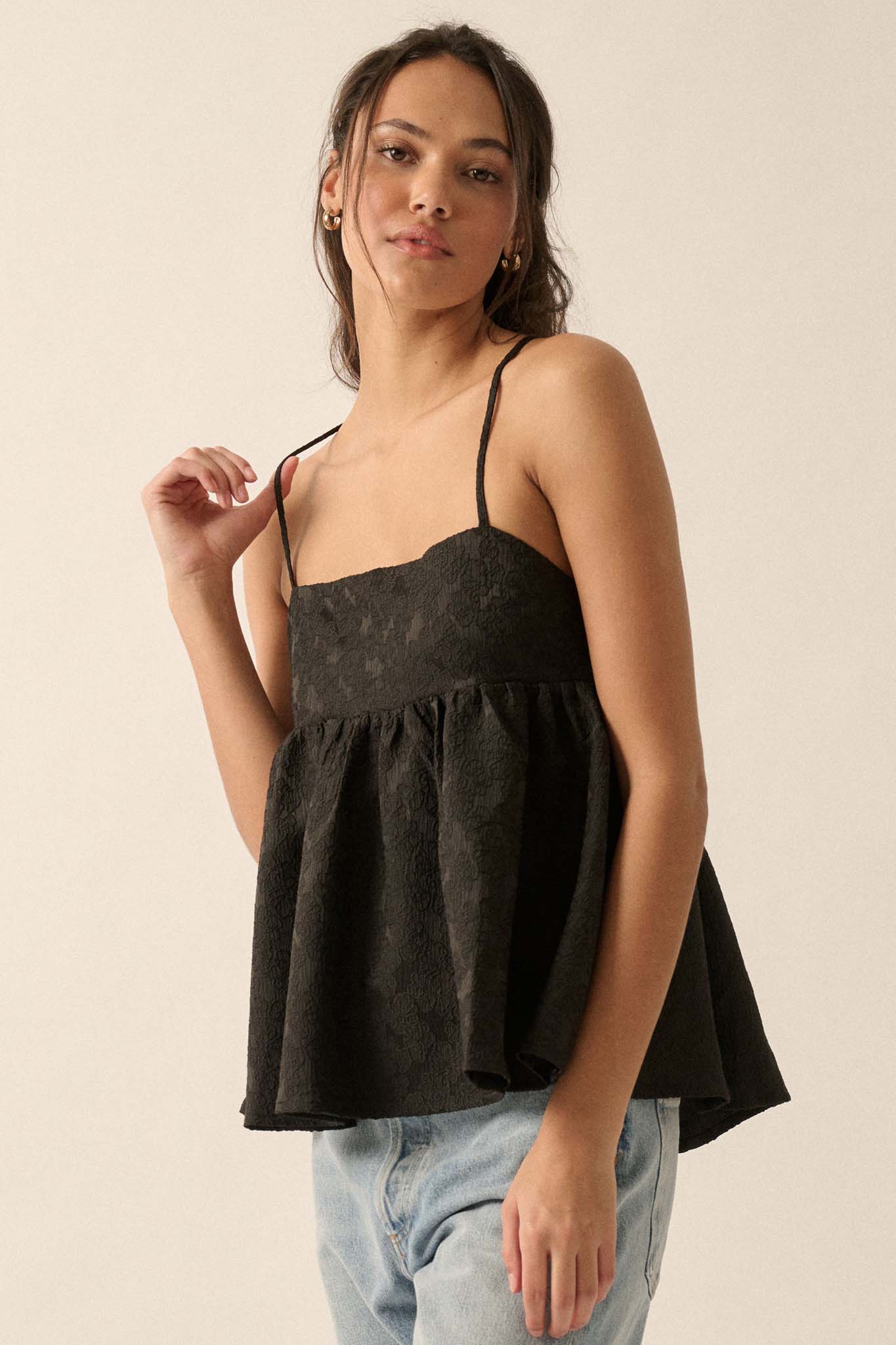 Subtle Beauty Textured Floral Babydoll Cami Top - ShopPromesa