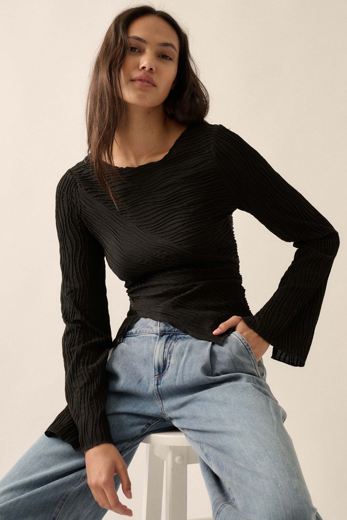 So It Flows Wavy Ribbed-Knit Asymmetrical Top - ShopPromesa