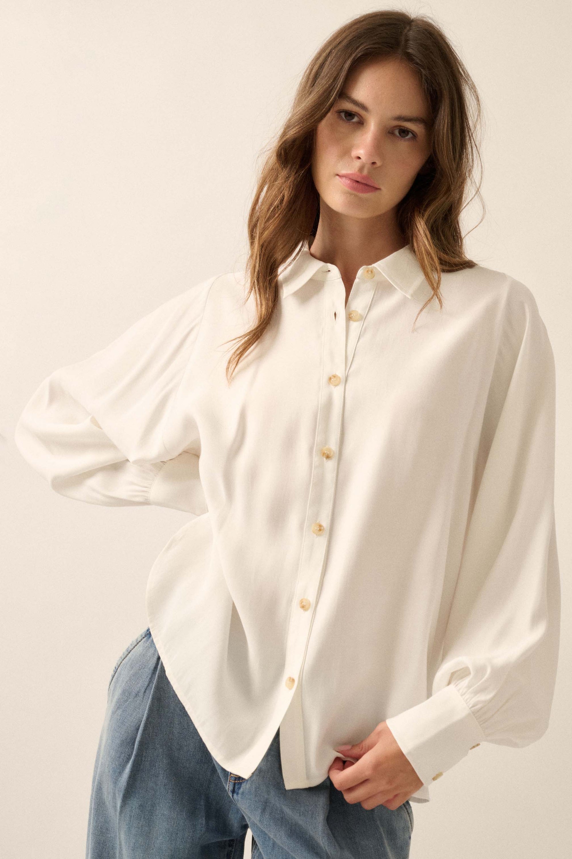 Take Charge Solid Loose-Fit Button-Up Shirt - ShopPromesa