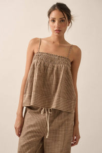 Sunday Funday Pinstripe Smocked Babydoll Cami Top - ShopPromesa