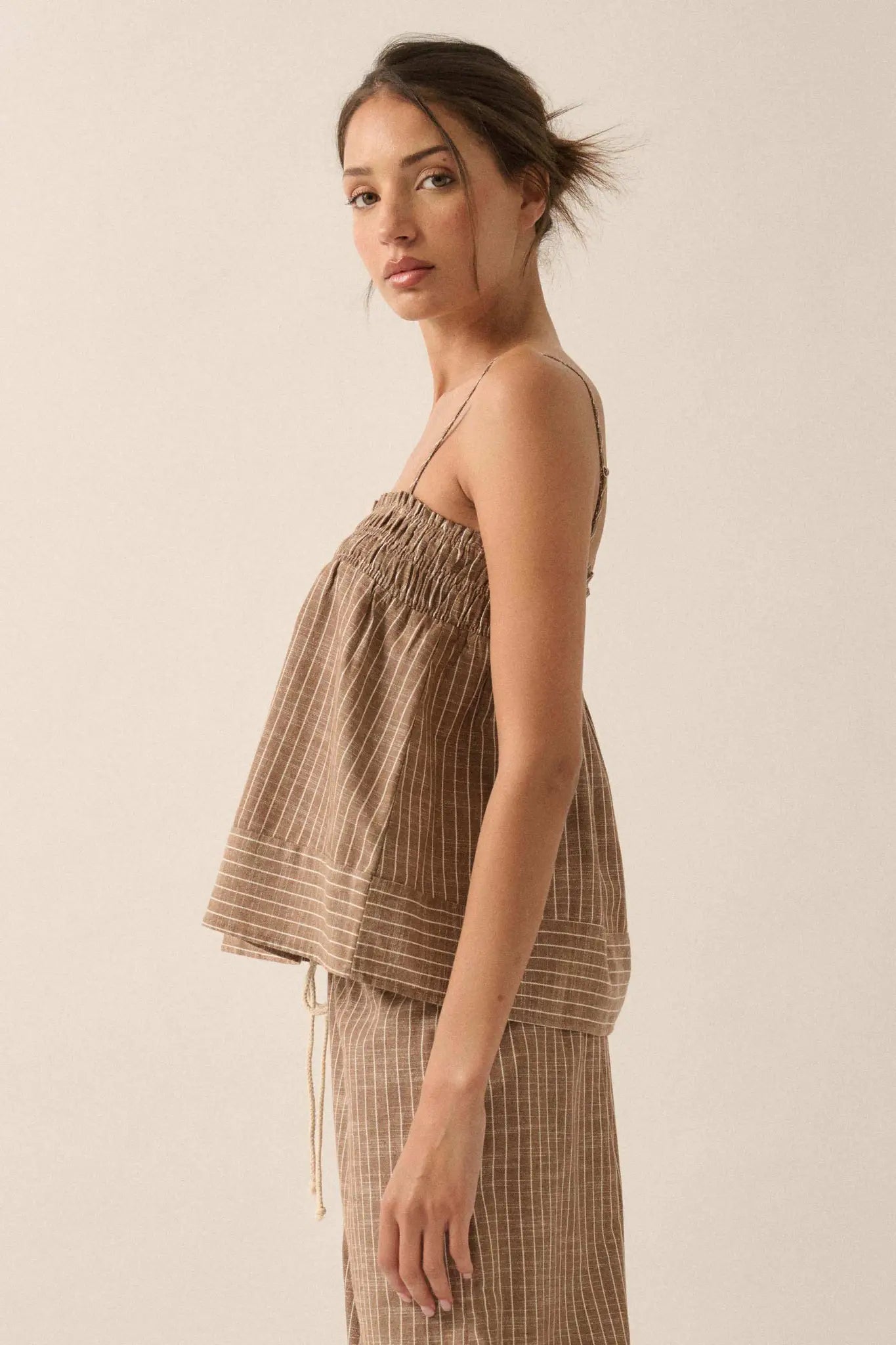 Sunday Funday Pinstripe Smocked Babydoll Cami Top - ShopPromesa