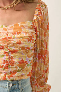 Apricot Kiss Ruched Floral Chiffon Pleated-Sleeve Top - ShopPromesa