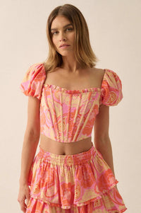 Sweet Sorbet Floral Paisley Puff-Sleeve Corset Top - ShopPromesa