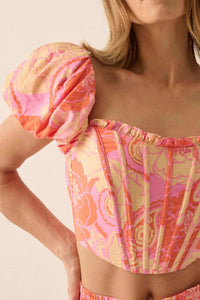 Sweet Sorbet Floral Paisley Puff-Sleeve Corset Top - ShopPromesa