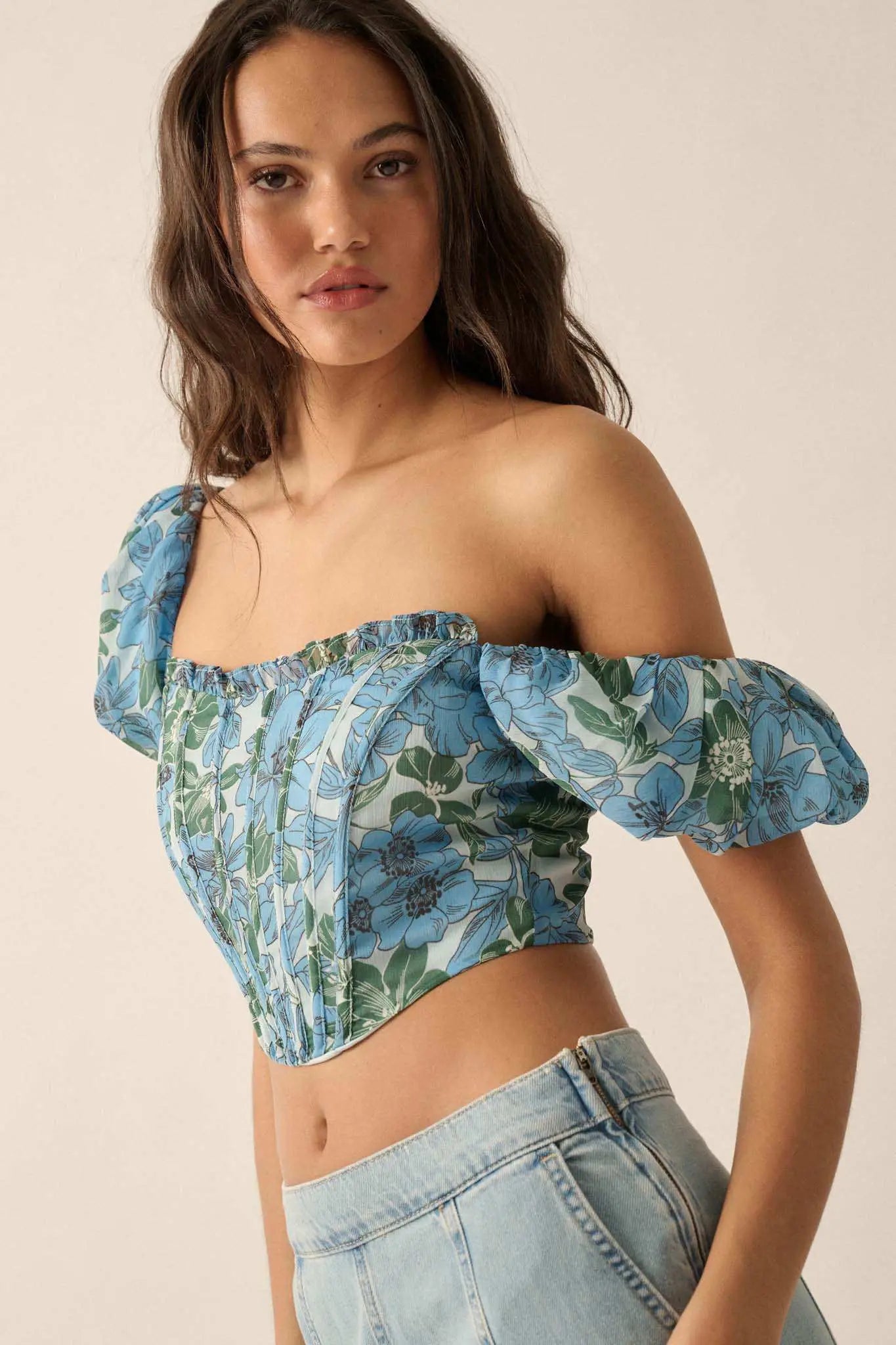 Fiji Feeling Floral Chiffon Puff-Sleeve Corset Top Fiji Feeling Floral Chiffon Puff-Sleeve Corset Top