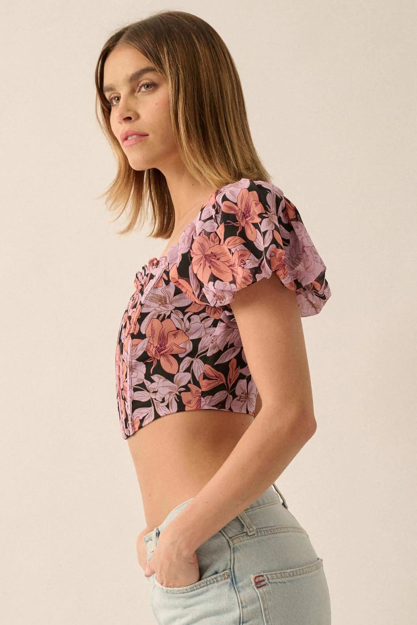 Fiji Feeling Floral Chiffon Puff-Sleeve Corset Top Fiji Feeling Floral Chiffon Puff-Sleeve Corset Top