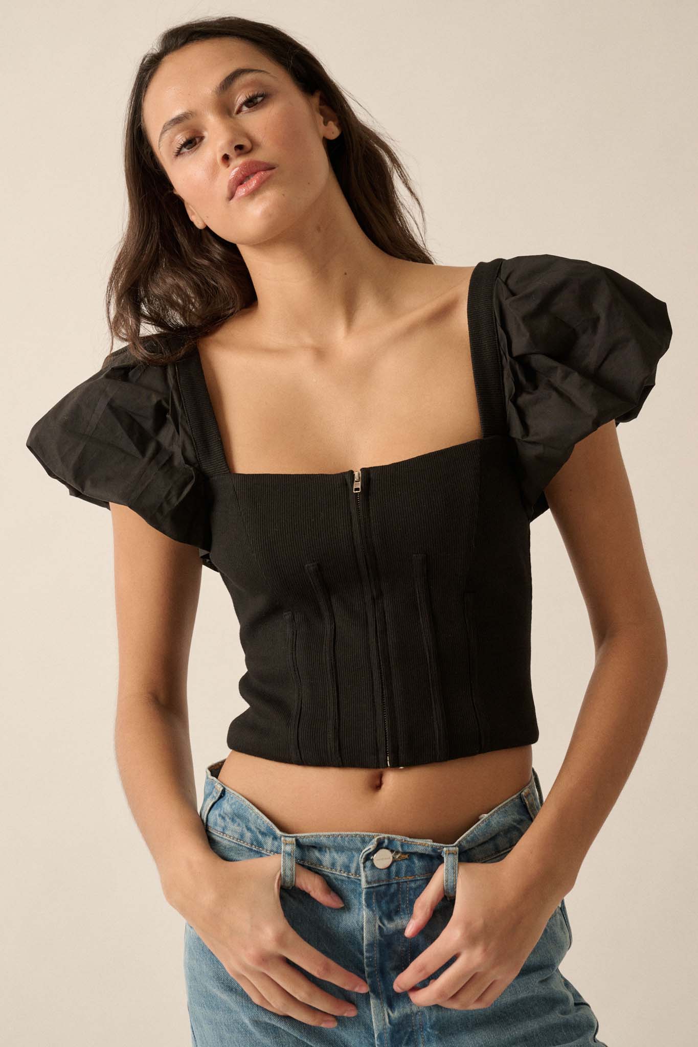 Princess Diaries Puff-Sleeve Zipped Corset Top - ShopPromesa