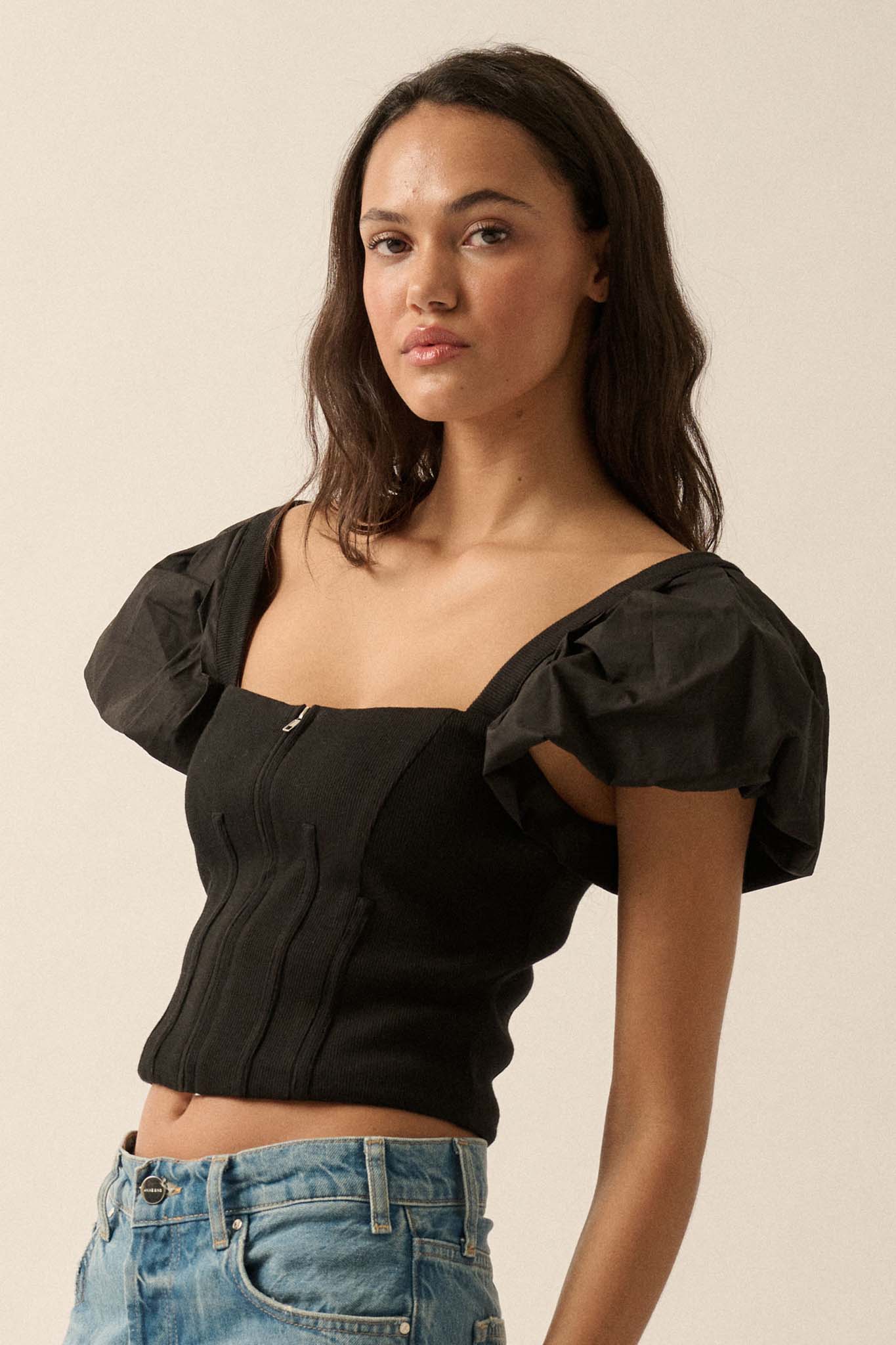 Princess Diaries Puff-Sleeve Zipped Corset Top - ShopPromesa